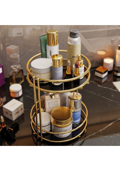 Banyo Kozmetik Takı Düzenleyici Çok Amaçlı Organizer 2 Katlı Servis Sunum Tepsisi Ikramlık Gold modelleri