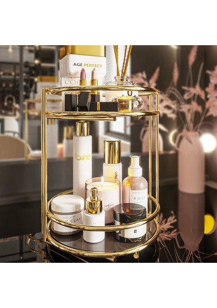 Banyo Kozmetik Takı Düzenleyici Çok Amaçlı Organizer 2 Katlı Servis Sunum Tepsisi Ikramlık Gold fırsatları