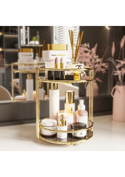 Banyo Kozmetik Takı Düzenleyici Çok Amaçlı Organizer 2 Katlı Servis Sunum Tepsisi Ikramlık Gold