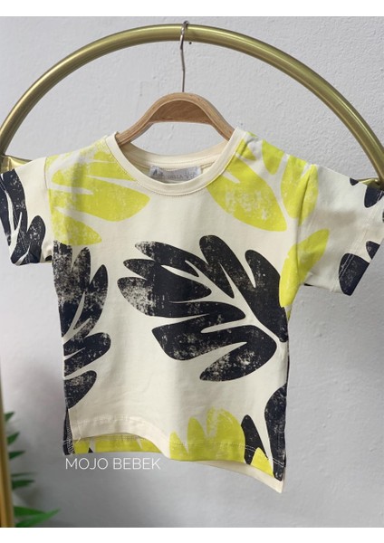 Erkek Bebek Yaprak Desenli Kısa Kol T-Shirt 42607 Krem