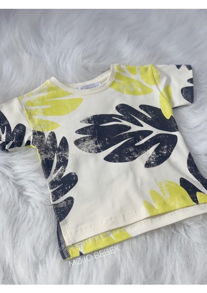 Erkek Bebek Yaprak Desenli Kısa Kol T-Shirt 42607 Krem modelleri