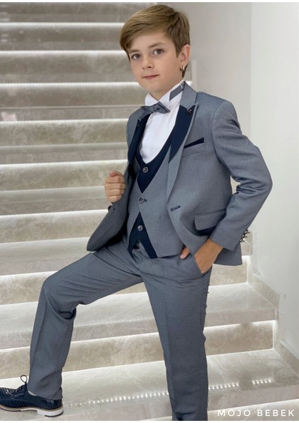 Erkek Çocuk Yaka Detaylı Klasik Damatlık Set 20317 Gri-Lacivert