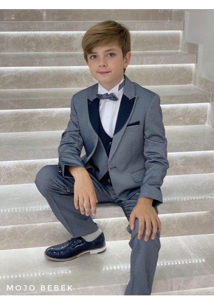 Erkek Çocuk Yaka Detaylı Klasik Damatlık Set 20317 Gri-Lacivert fiyatları
