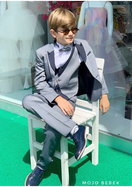 Erkek Çocuk Yaka Detaylı Klasik Damatlık Set 20317 Gri-Lacivert modelleri