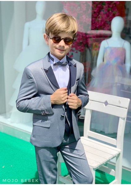 Erkek Çocuk Yaka Detaylı Klasik Damatlık Set 20317 Gri-Lacivert fırsatları