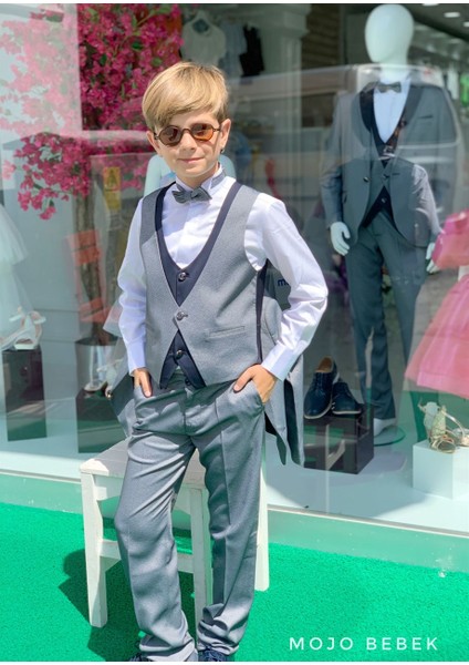 Erkek Çocuk Yaka Detaylı Klasik Damatlık Set 20317 Gri-Lacivert indirimleri