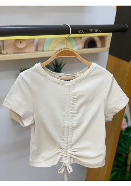 Kız Çocuk Büzgülü Kısa Kol T-Shirt 3309 Bej modelleri