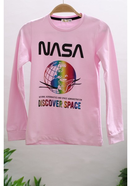 Kız Çocuk Nasa Baskılı Uzun Kol T-Shirt 723410 Pembe