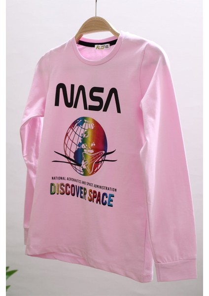 Kız Çocuk Nasa Baskılı Uzun Kol T-Shirt 723410 Pembe