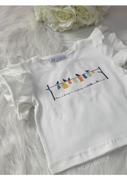 Kız Bebek Kuşlu Fırfır Kollu T-Shirt 32606 Ekru modelleri