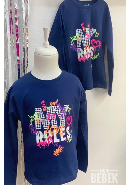 Kız Çocuk Baskılı Uzun Kol T-Shirt 3101005 Lacivert