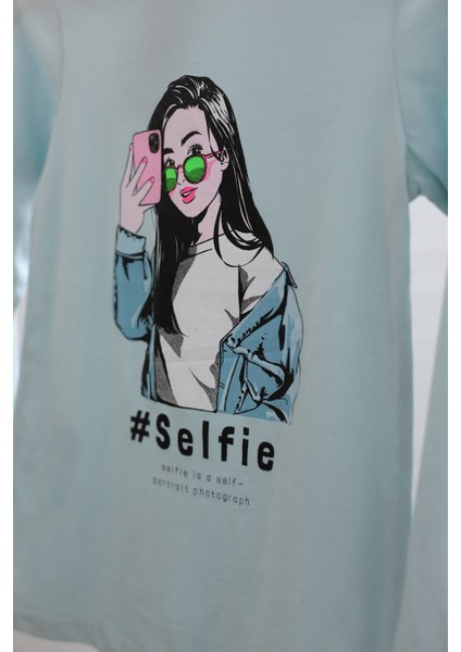 Kız Çocuk Selfie Kız Baskılı Uzun Kol T-Shirt 723123 Mavi modelleri
