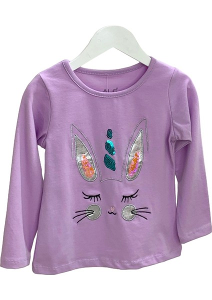 Mojo Kız Çocuk Tavşan Nakışlı Uzun Kol T-shirt 523408 Mor
