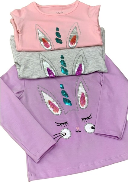 Mojo Kız Çocuk Tavşan Nakışlı Uzun Kol T-shirt 523408 Mor modelleri
