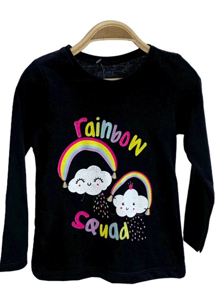 Kız Çocuk Rainbow Baskılı Uzun Kol T-Shirt 523010 Siyah