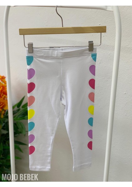 Kız Çocuk 1-8 Yaş Renkli Kalp Baskılı Tayt 7773 Beyaz