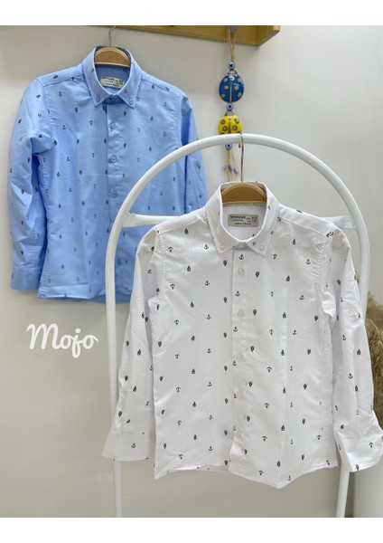 Erkek Çocuk 5-14 Yaş Çapa ve Gemi Desenli Gömek 4019 Beyaz