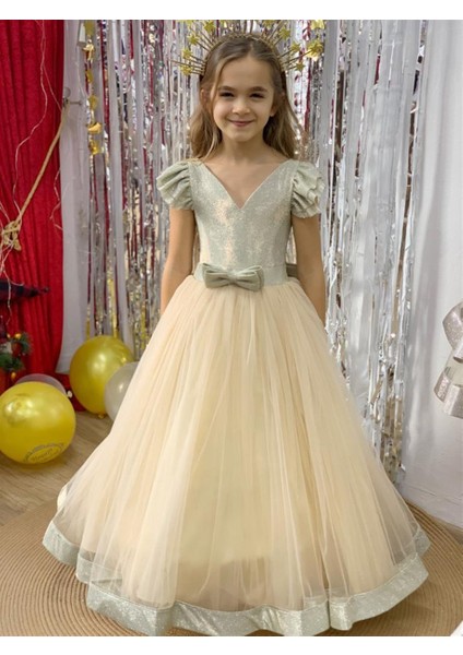 Kız Çocuk 2-10 Yaş Sindirella Model Tarlatanlı Abiye Elbise Altın