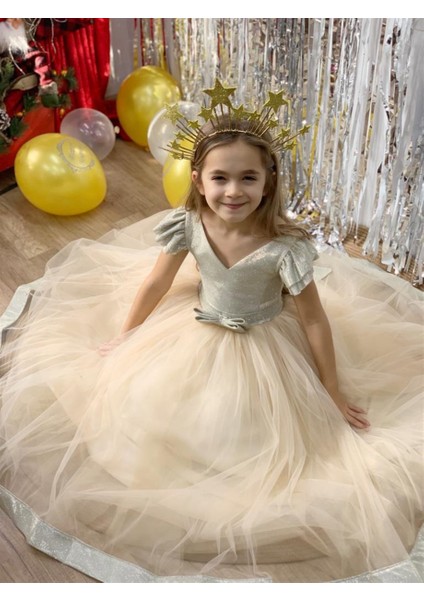 Kız Çocuk 2-10 Yaş Sindirella Model Tarlatanlı Abiye Elbise Altın modelleri