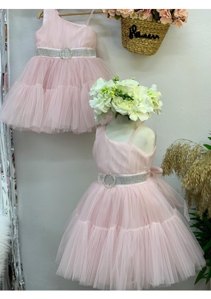 Kız Çocuk Tek Omuz Kısa Abiye Elbise 2280 Pembe
