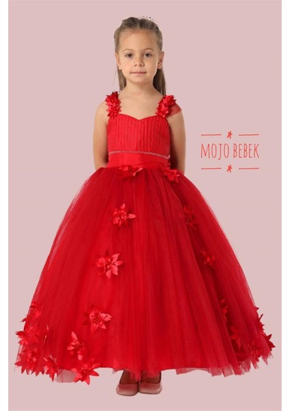 Mojo Kız Çocuk Çiçek Detaylı Tarlatanlı Gelinlik 6042 Kırmızı