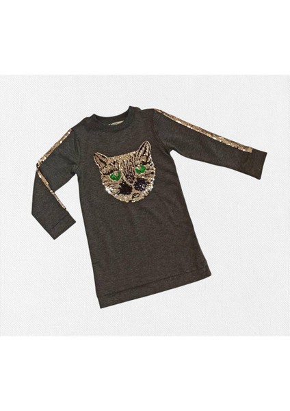 Kız Çocuk Kedi Nakışlı Elbise 0357 Gri