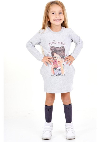 Kız Çocuk Baskılı Cepli Elbise 6750 Gri