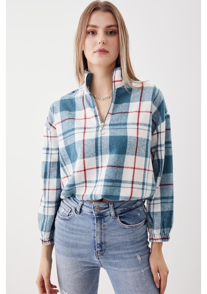 Fermuarlı Dik Yaka Ekose Desen Sweat