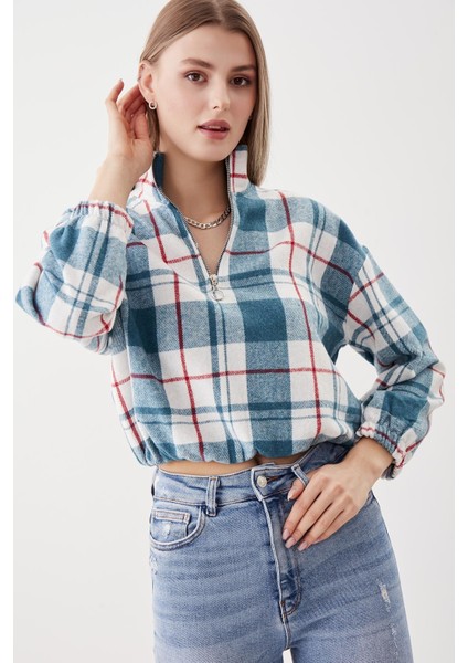 Fermuarlı Dik Yaka Ekose Desen Sweat fiyatları