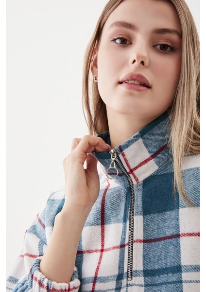 Fermuarlı Dik Yaka Ekose Desen Sweat indirimleri