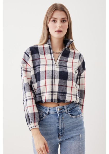Fermuarlı Dik Yaka Ekose Desen Sweat