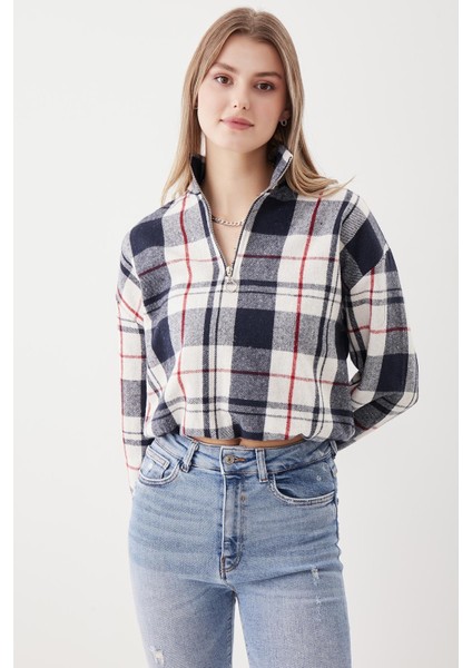 Fermuarlı Dik Yaka Ekose Desen Sweat fiyatları