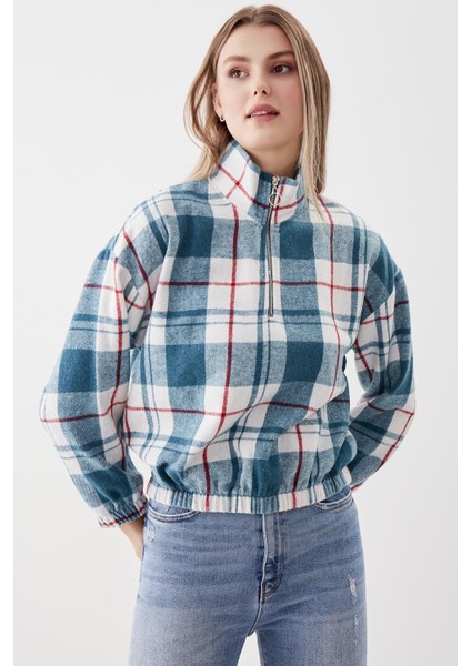 Fermuarlı Dik Yaka Ekose Desen Sweat modelleri