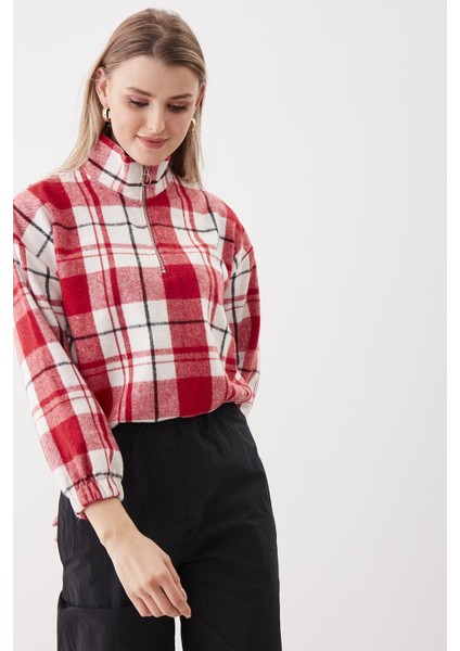 Fermuarlı Dik Yaka Ekose Desen Sweat modelleri