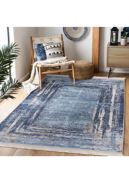 Açık Mavi Zeminde Duvar Motifli Çerçeve Desenli Vintage Klasik Salon & Oturma Odası Ofis Dijital Baskılı Makinede Yıkanabilir Kaymaz Taban Saçaklı Halı fiyatları