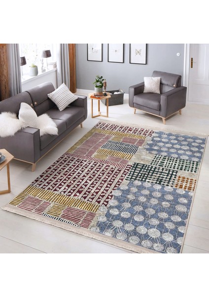Krem Zeminde Geometrik Motifli Boya Desenli Klasik Vintage Salon & Oturma Odası Koridor & Antre Dijital Baskılı Makinede Yıkanabilir Kaymaz Taban Saçaklı Halı