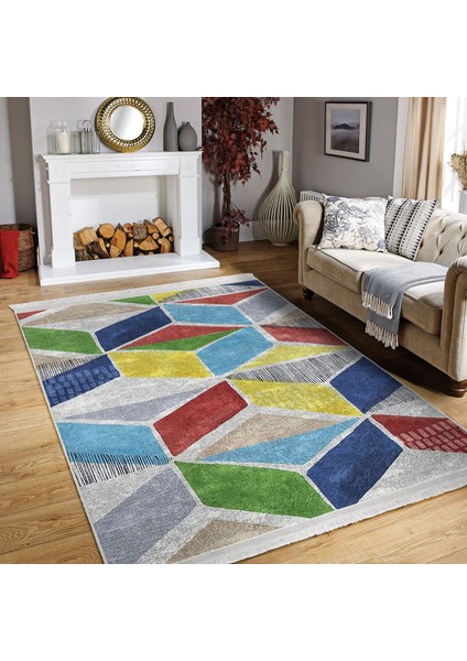 Gri Zeminde Sulu Boya Motifli Geometrik Desenli Geometrik Sade & Şık Salon & Oturma Odası Koridor & Antre Dijital Baskılı Makinede Yıkanabilir Kaymaz Taban Saçaklı Halı