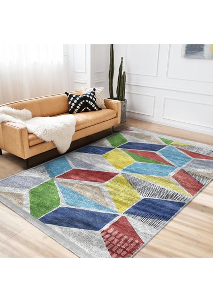 Gri Zeminde Sulu Boya Motifli Geometrik Desenli Geometrik Sade & Şık Salon & Oturma Odası Koridor & Antre Dijital Baskılı Makinede Yıkanabilir Kaymaz Taban Saçaklı Halı modelleri