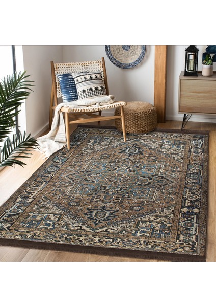 Kahverengi Zeminde Geleneksel Motifli Uşak Desenli Avangarde Vintage Salon & Oturma Odası Koridor & Antre Dijital Baskılı Makinede Yıkanabilir Kaymaz Taban Saçaklı Halı modelleri