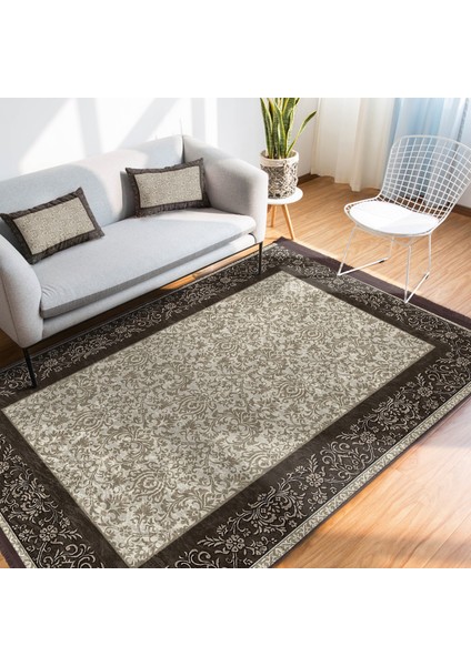 Krem - Kahverengi Zeminde Çerçeveli Motifli Geleneksel Desenli Vintage Avangarde Salon & Oturma Odası Koridor & Antre Dijital Baskılı Makinede Yıkanabilir Kaymaz Taban Saçaklı Halı