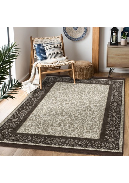 Krem - Kahverengi Zeminde Çerçeveli Motifli Geleneksel Desenli Vintage Avangarde Salon & Oturma Odası Koridor & Antre Dijital Baskılı Makinede Yıkanabilir Kaymaz Taban Saçaklı Halı fiyatları
