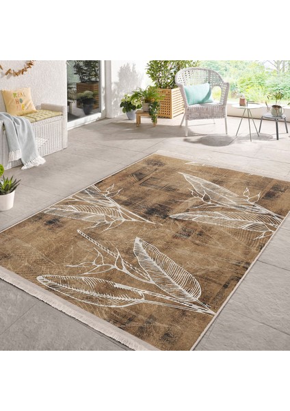 Kahverengi Zeminde Retro Motifli Yaprak Desenli Vintage Eskitme Motifli Salon & Oturma Odası Dış Mekan & Outdoor Dijital Baskılı Makinede Yıkanabilir Kaymaz Taban Saçaklı Halı