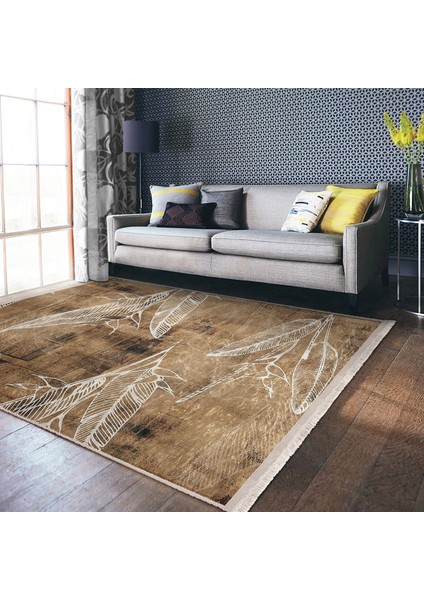 Kahverengi Zeminde Retro Motifli Yaprak Desenli Vintage Eskitme Motifli Salon & Oturma Odası Dış Mekan & Outdoor Dijital Baskılı Makinede Yıkanabilir Kaymaz Taban Saçaklı Halı fiyatları