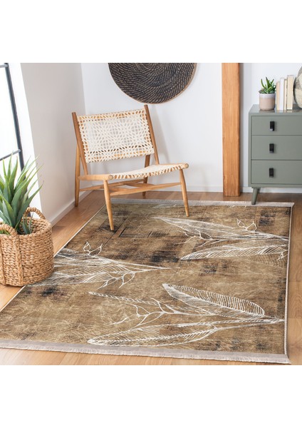 Kahverengi Zeminde Retro Motifli Yaprak Desenli Vintage Eskitme Motifli Salon & Oturma Odası Dış Mekan & Outdoor Dijital Baskılı Makinede Yıkanabilir Kaymaz Taban Saçaklı Halı modelleri