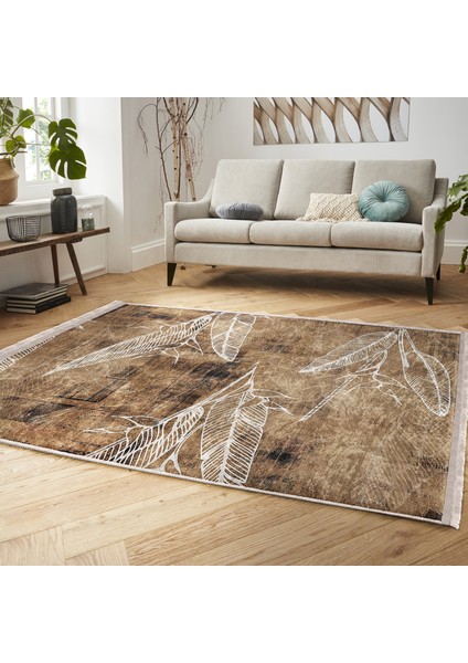 Kahverengi Zeminde Retro Motifli Yaprak Desenli Vintage Eskitme Motifli Salon & Oturma Odası Dış Mekan & Outdoor Dijital Baskılı Makinede Yıkanabilir Kaymaz Taban Saçaklı Halı indirimleri
