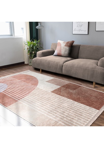 Kremit Zeminde Çizgili Motifli Geometrik Desenli Geometrik Klasik Salon & Oturma Odası Yatak Odası Dijital Baskılı Makinede Yıkanabilir Kaymaz Taban Saçaklı Halı