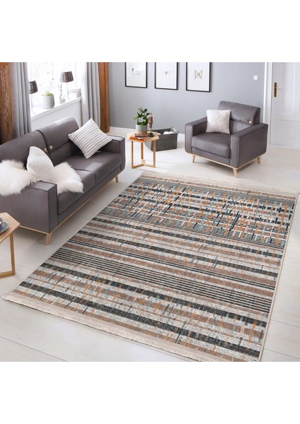 Krem Zeminde Çizgili Motifli Örme Desenli Eskitme Motifli Vintage Koridor & Antre Koridor & Antre Dijital Baskılı Makinede Yıkanabilir Kaymaz Taban Saçaklı Halı