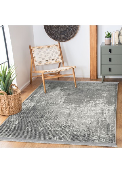 Gri Zeminde Eskitme Motifli Antik Desenli Eskitme Motifli Vintage Salon & Oturma Odası Yatak Odası Dijital Baskılı Makinede Yıkanabilir Kaymaz Taban Saçaklı Halı