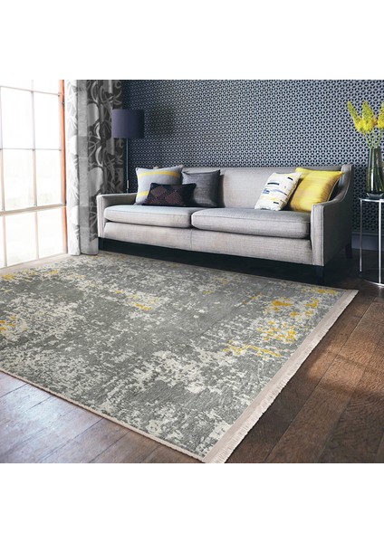 Gri - Sarı Zeminde Kilim Motifli Antik Halı Desenli Eskitme Motifli Vintage Salon & Oturma Odası Koridor & Antre Dijital Baskılı Makinede Yıkanabilir Kaymaz Taban Saçaklı Halı