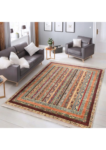 Bej Zeminde Kilim Motifli Geleneksel Desenli Avangarde Etnik Motifler Salon & Oturma Odası Koridor & Antre Dijital Baskılı Makinede Yıkanabilir Kaymaz Taban Saçaklı Halı